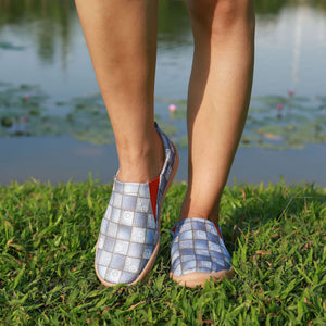Women's light blue plaid canvas loafers