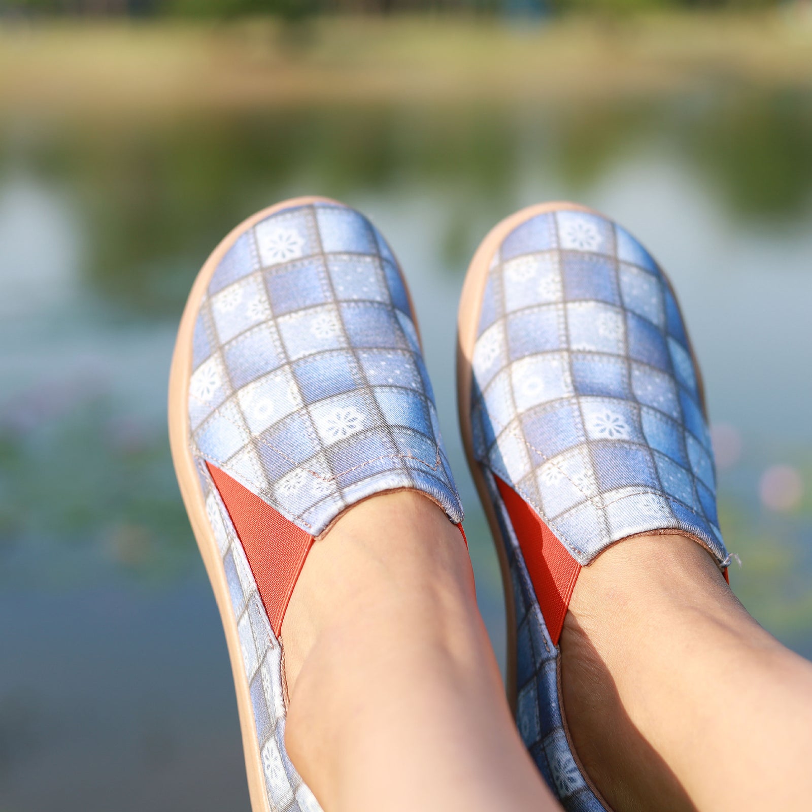 Women's light blue plaid canvas loafers