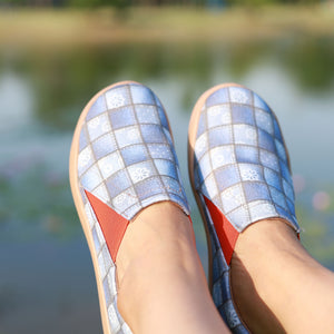 Women's light blue plaid canvas loafers