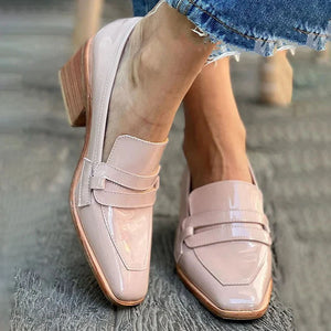 Women's light pink stacked heels penny loafers