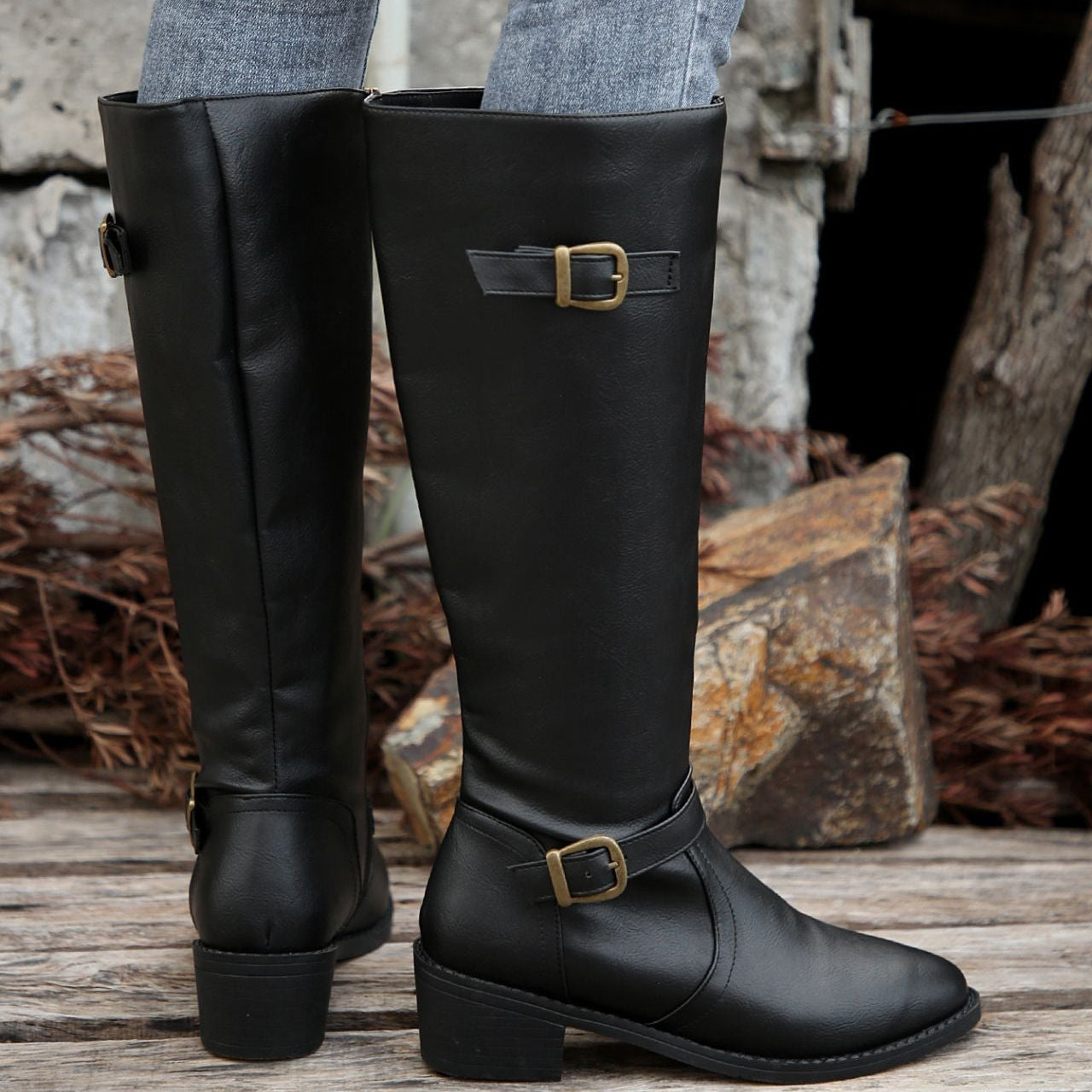 Women's low block heels  knee high biker boots