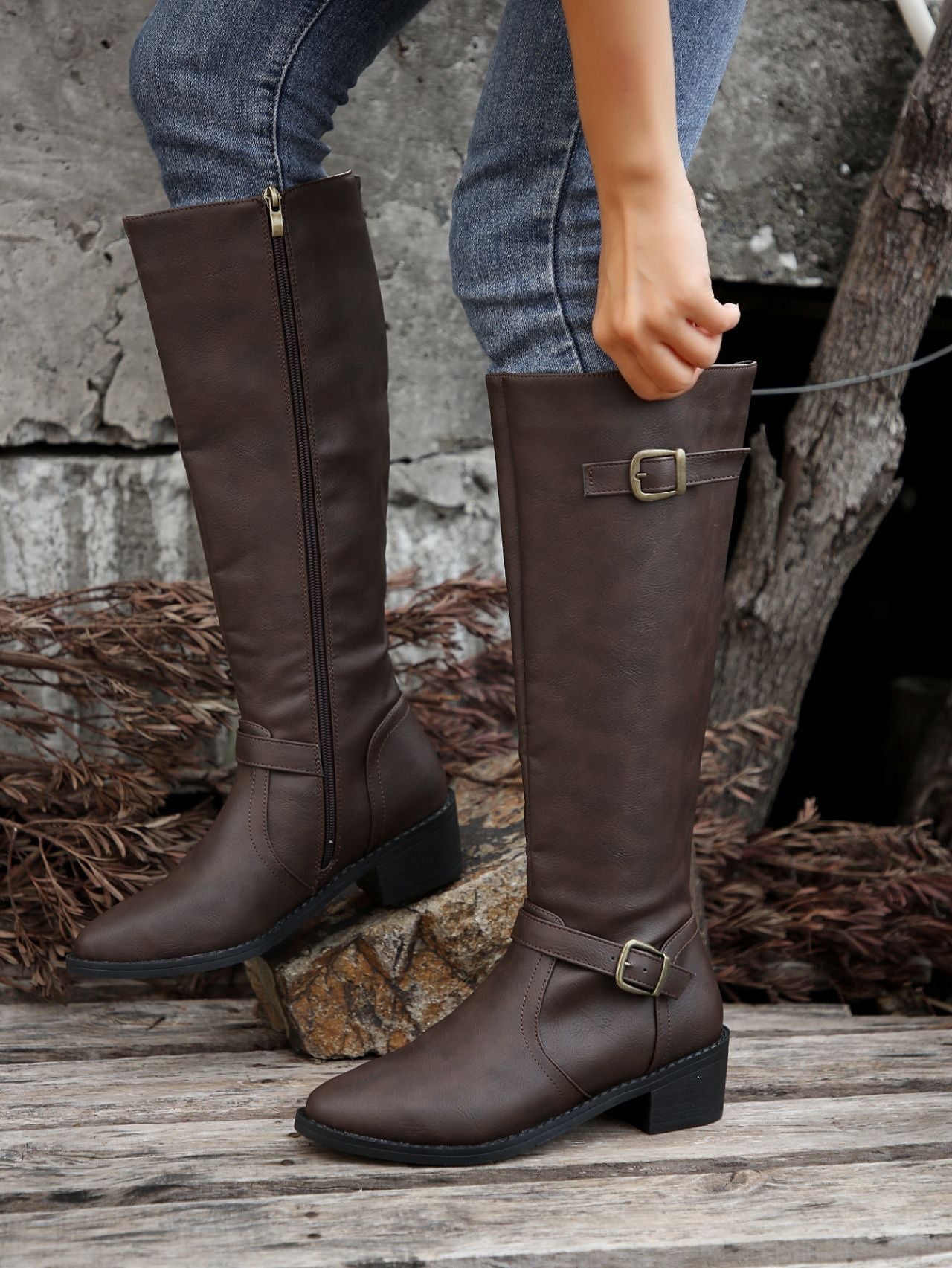 coffee Women's low block heels knee high biker boots