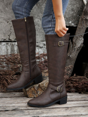 coffee Women's low block heels knee high biker boots