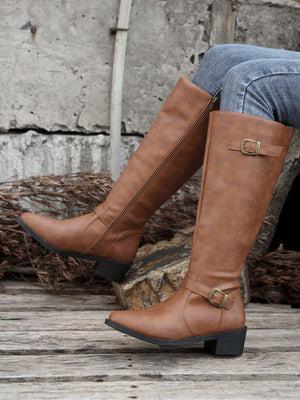Women's low block heels  knee high biker boots