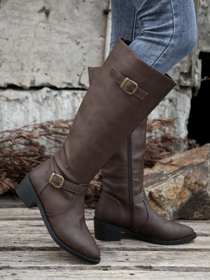 Women's low block heels  knee high biker boots