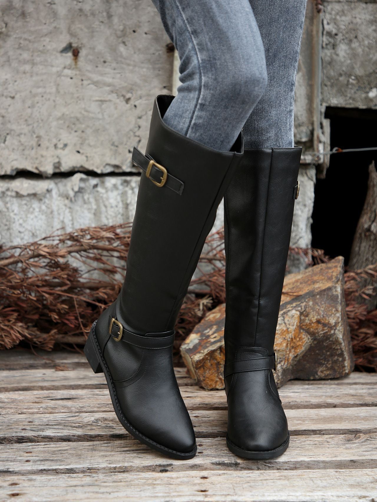 Women's low block heels  knee high biker boots