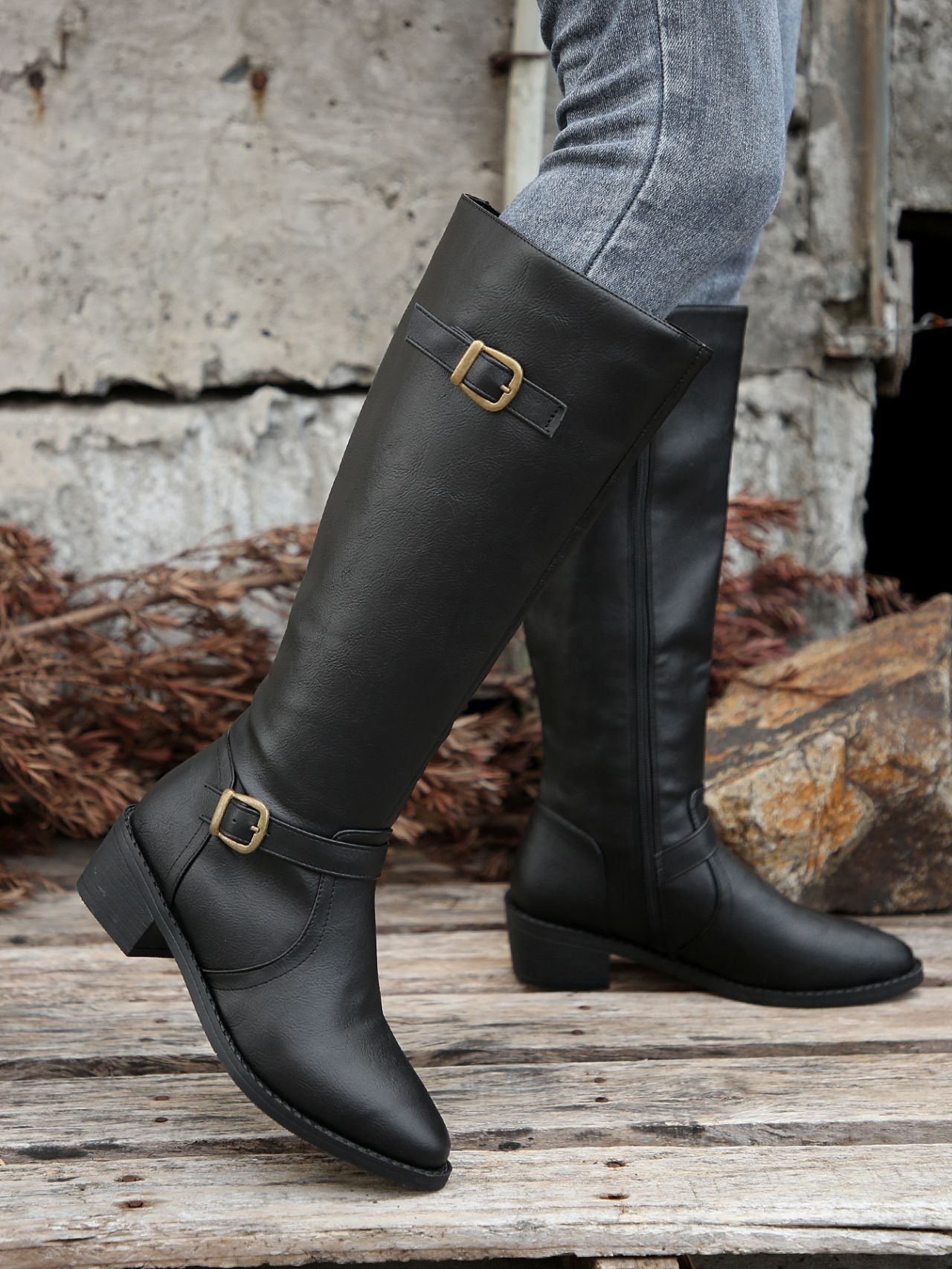 black Women's low block heels knee high biker boots