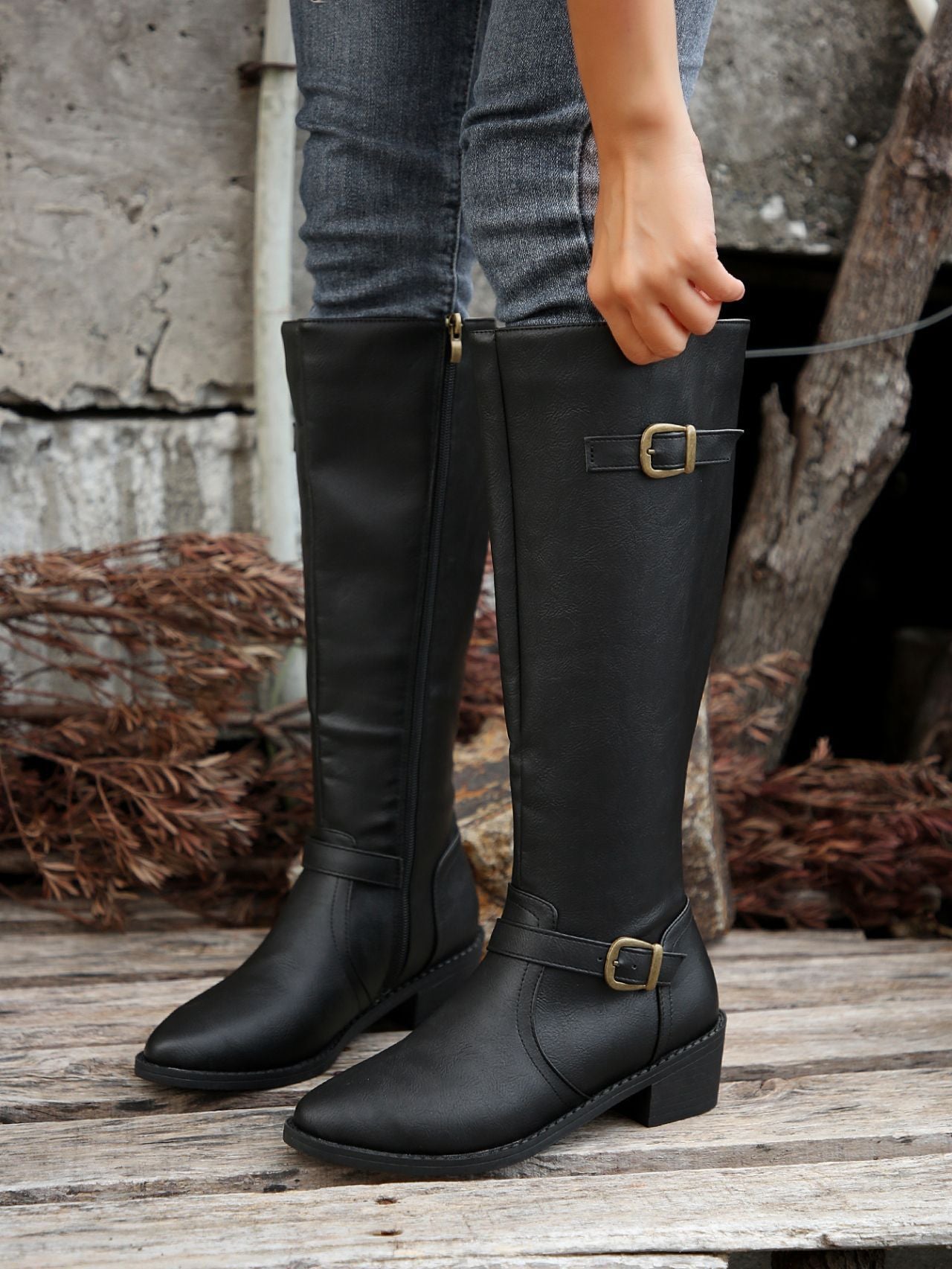 black Women's low block heels knee high biker boots