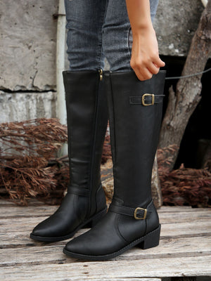 black Women's low block heels knee high biker boots