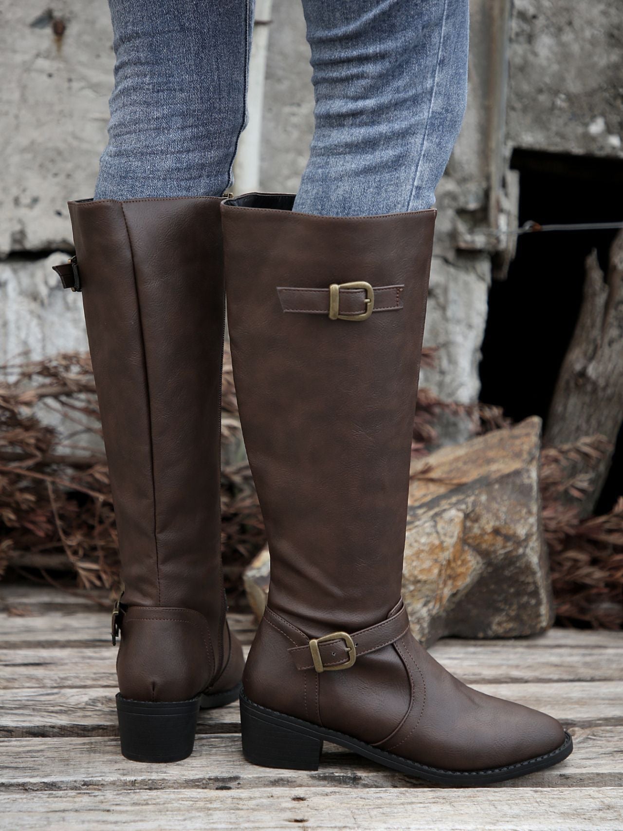 coffee Women's low block heels knee high biker boots