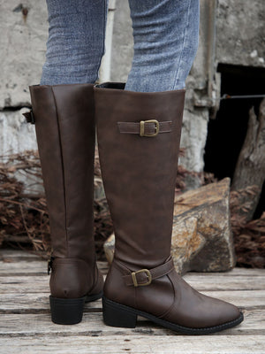 coffee Women's low block heels knee high biker boots