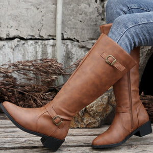 Women's low block heels  knee high biker boots