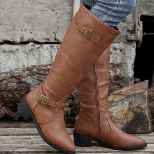 Women's low block heels  knee high biker boots