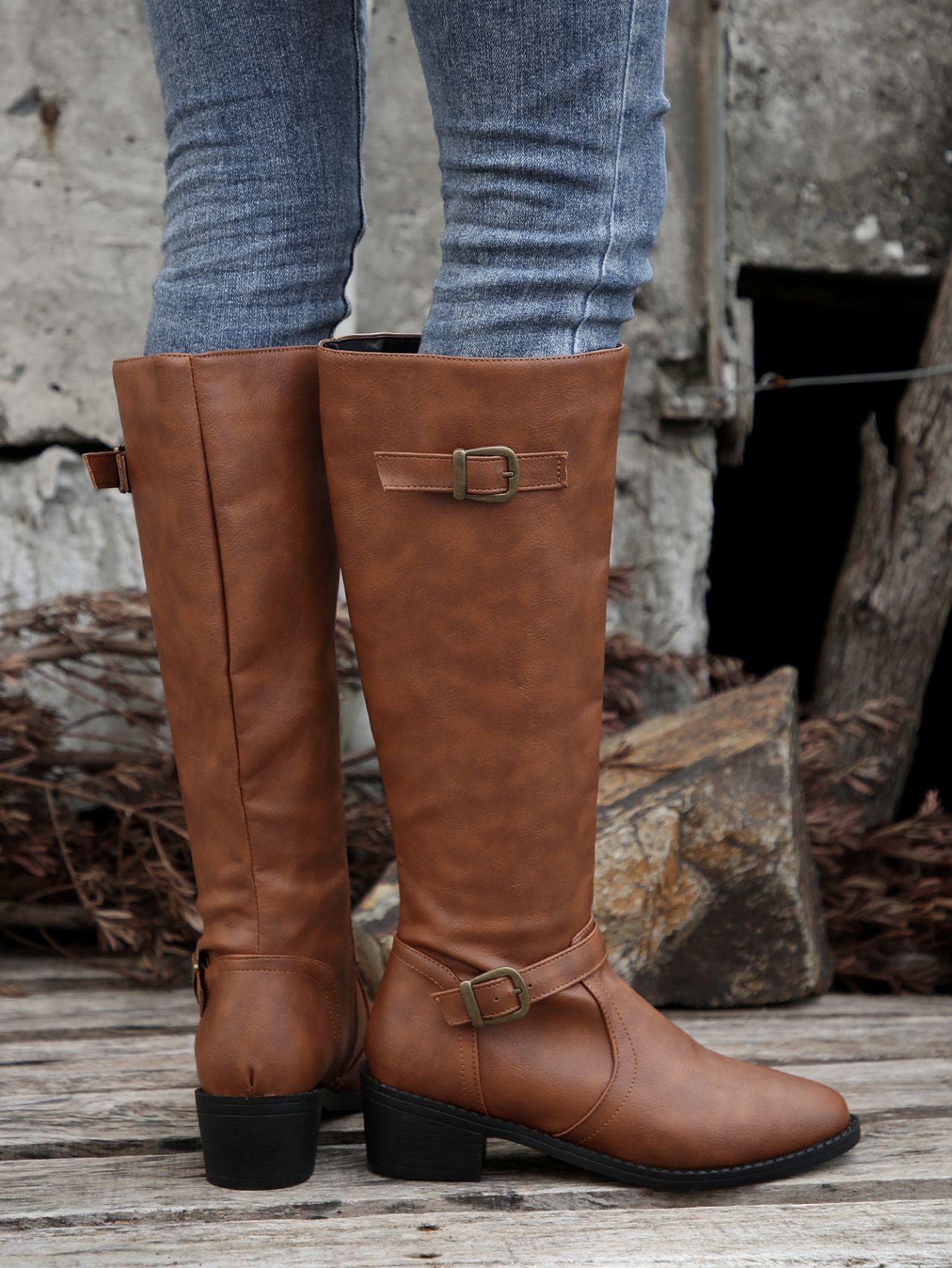 brown Women's low block heels knee high biker boots