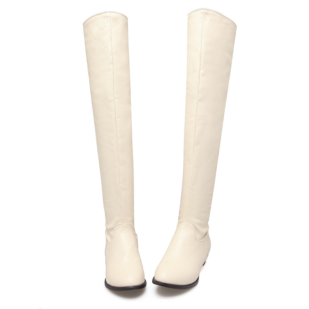 beige Women's low heels over the knee boots