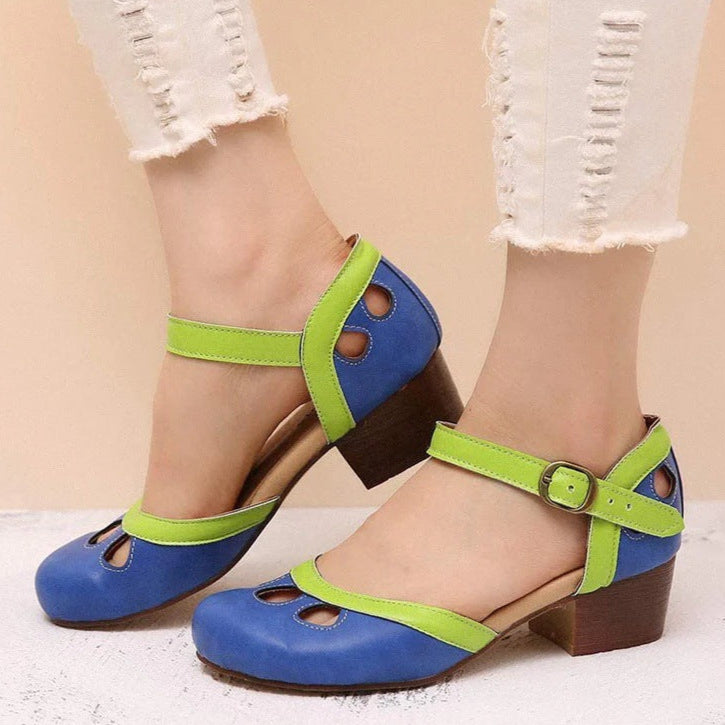 Women's medium block heels closed toe sandals vintage 2 colors Mary Jane shoes