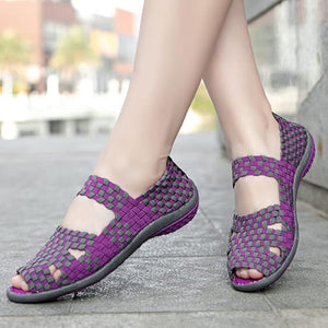 Women's peep toe braided elastic slip on comfortable flat sandals with arch support