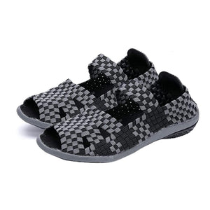 Women's peep toe braided elastic slip on comfortable flat sandals with arch support