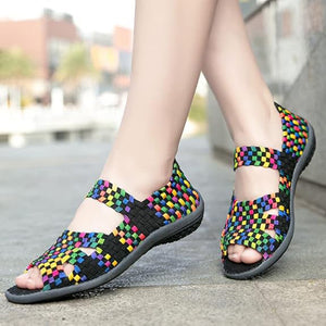 Women's peep toe braided elastic slip on comfortable flat sandals with arch support