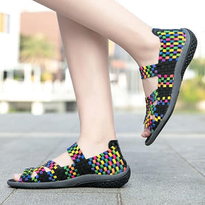 Women's peep toe braided elastic slip on comfortable flat sandals with arch support