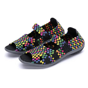 Women's peep toe braided elastic slip on comfortable flat sandals with arch support