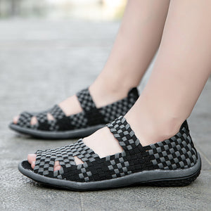 Women's peep toe braided elastic slip on comfortable flat sandals with arch support