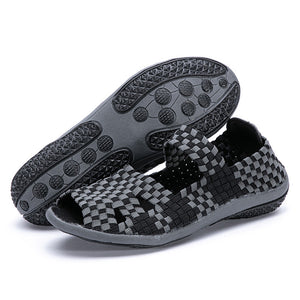 Women's peep toe braided elastic slip on comfortable flat sandals with arch support