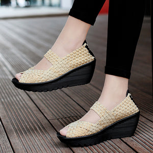 Women's peep toe braided platform wedge sandals