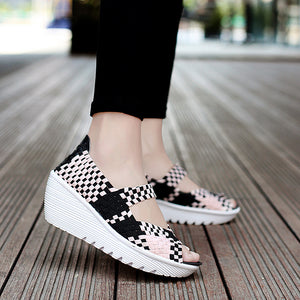 Women's peep toe braided platform wedge sandals