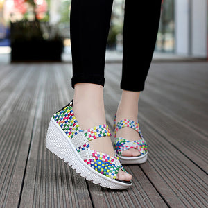 Women's peep toe braided platform wedge sandals