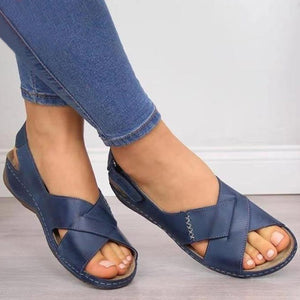 Women's peep toe criss cross strap slingback sandals low wedge heels