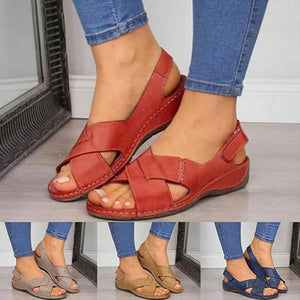 Women's peep toe criss cross strap slingback sandals low wedge heels