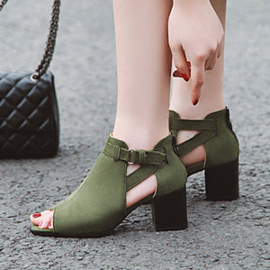 Women's peep toe cut-out block heels sandals