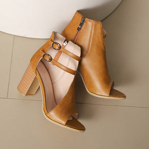 Women's peep toe cutout stacked heels sandals with double ankle buckle straps