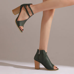 Women's peep toe cutout stacked heels sandals with double ankle buckle straps