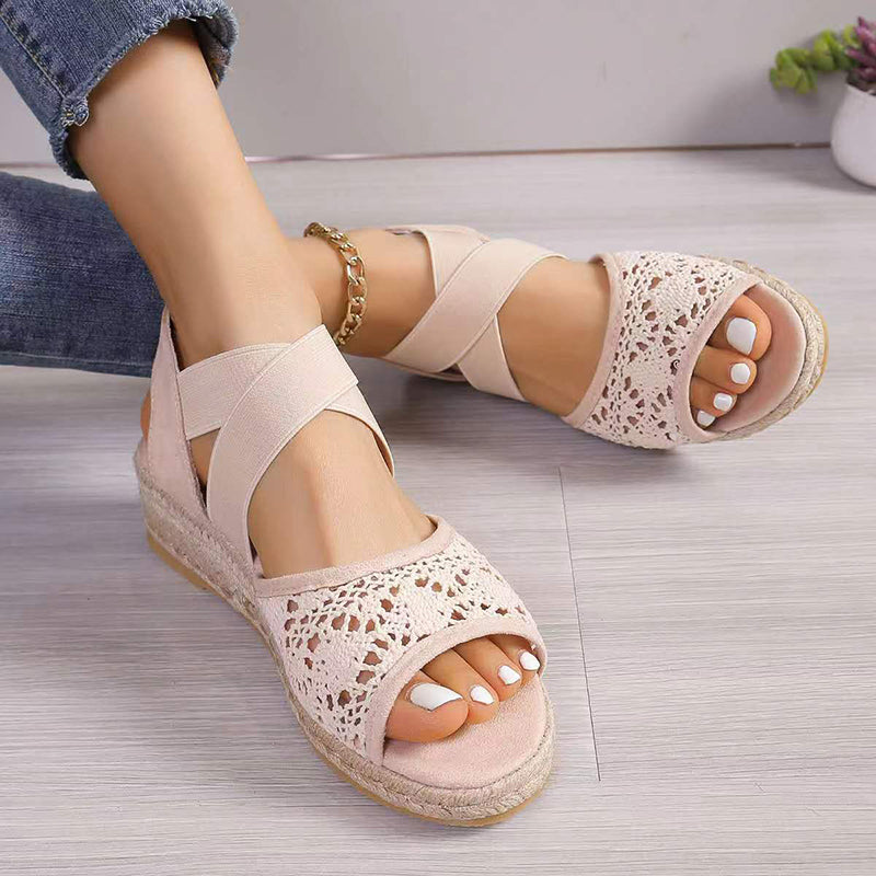 Women's peep toe espadrille wedge sandals with elastic criss cross ankle strap