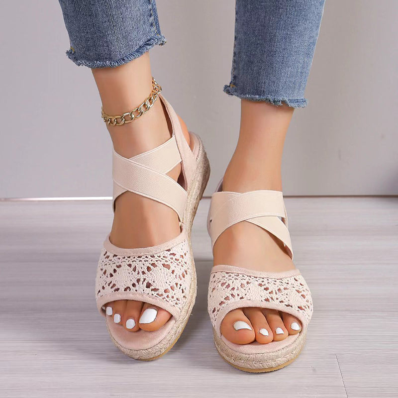 Women's peep toe espadrille wedge sandals with elastic criss cross ankle strap