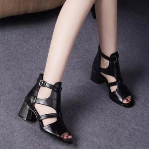 Women's peep toe side cut-out block heels sandals