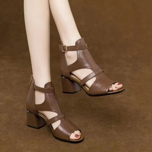 Women's peep toe side cut-out block heels sandals