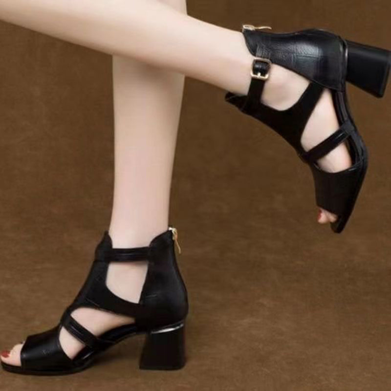 Women's peep toe side cut-out block heels sandals