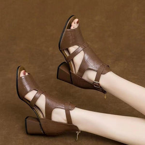 Women's peep toe side cut-out block heels sandals