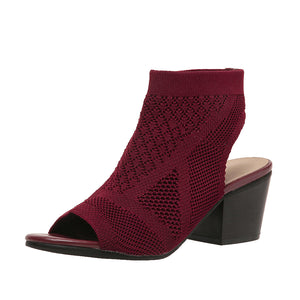 burgundy Women's peep toe stretch knitted block heels sandals
