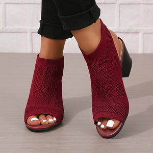 burgundy Women's peep toe stretch knitted block heels sandals