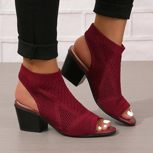 burgundy Women's peep toe stretch knitted block heels sandals