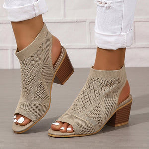 khaki Women's peep toe stretch knitted block heels sandals