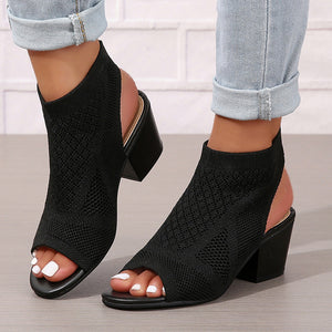 black Women's peep toe stretch knitted block heels sandals