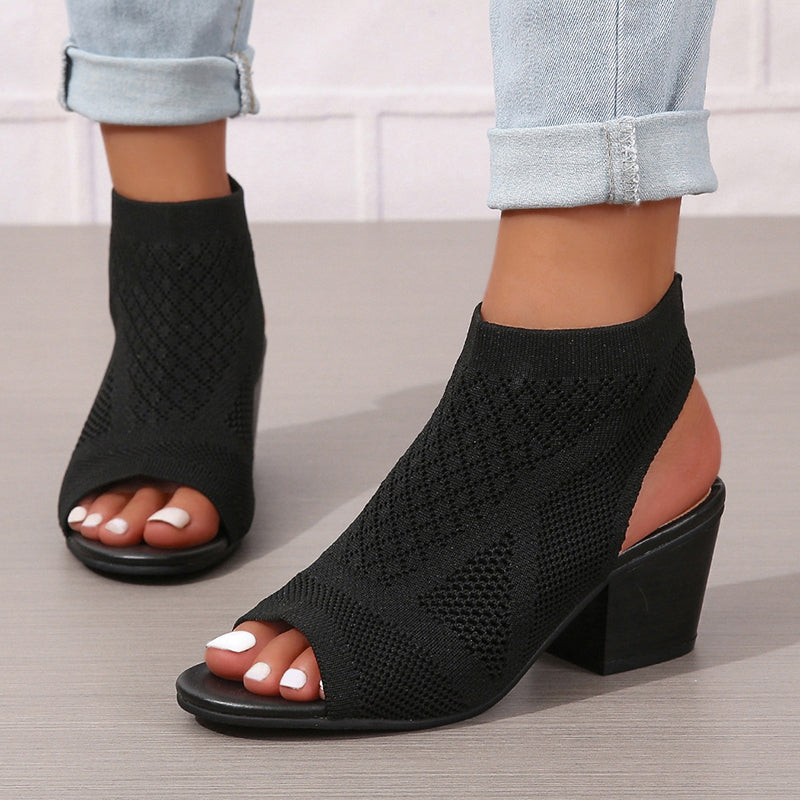 Women's peep toe stretch knitted block heels sandals