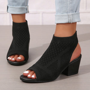 Women's peep toe stretch knitted block heels sandals