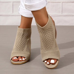 khaki Women's peep toe stretch knitted block heels sandals