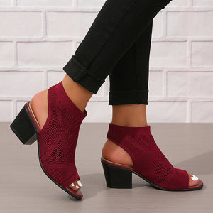 Women's peep toe stretch knitted block heels sandals